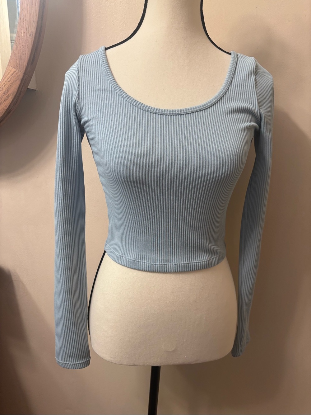 Divided Light Blue Ribbed Scoop Neck Long Sleeve Crop Top